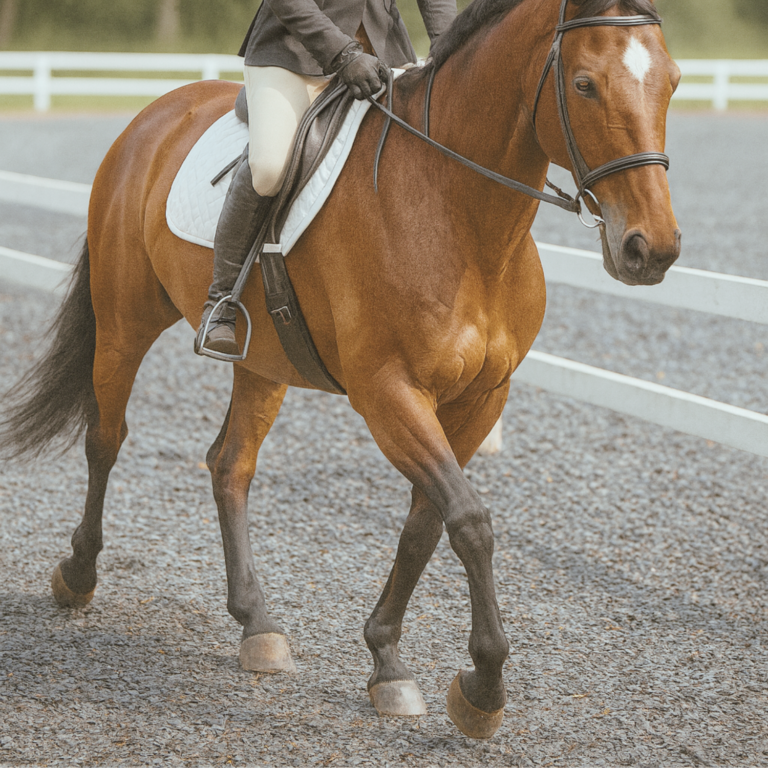Equestrian rider schooling horse on Equipro Riding Chip arena surface in competition attire