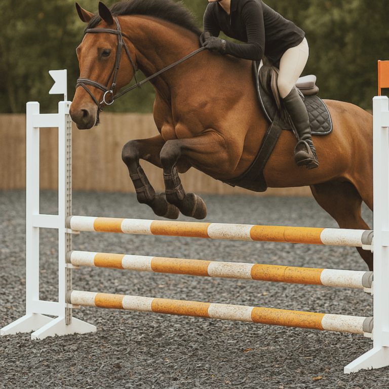 Horse and rider jumping over poles on Equipro Riding Chip equestrian surface