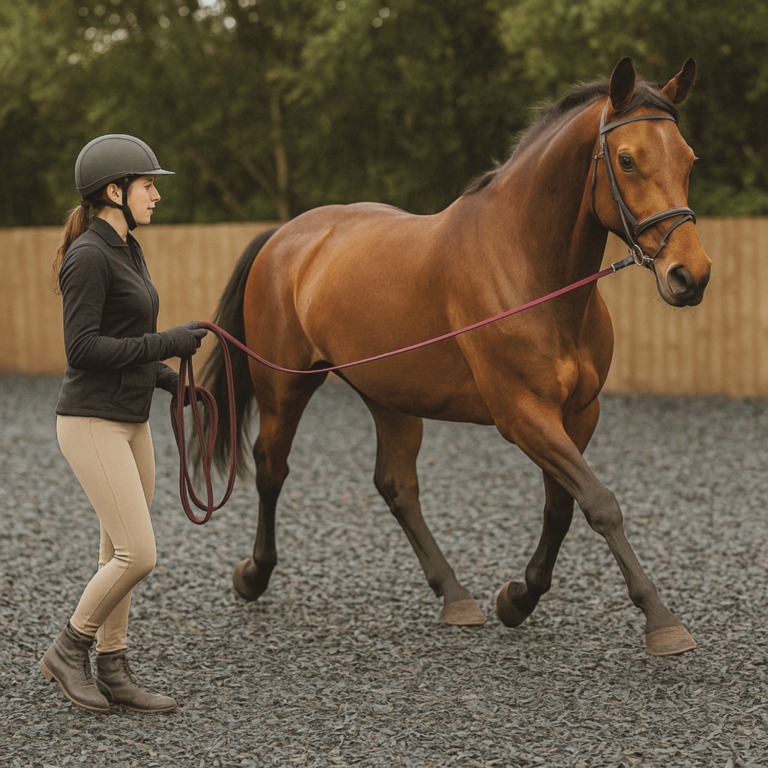 Horse being lunged on Equipro Riding Chip equestrian surface in outdoor arena.