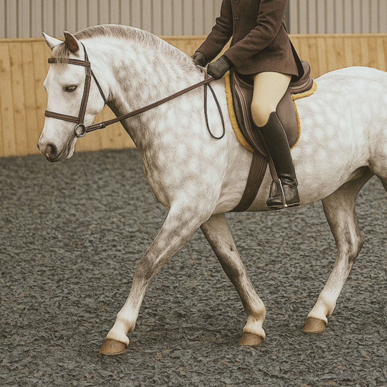 Horse riding on an equestrian ménage surface with Riding Chip arena footing.