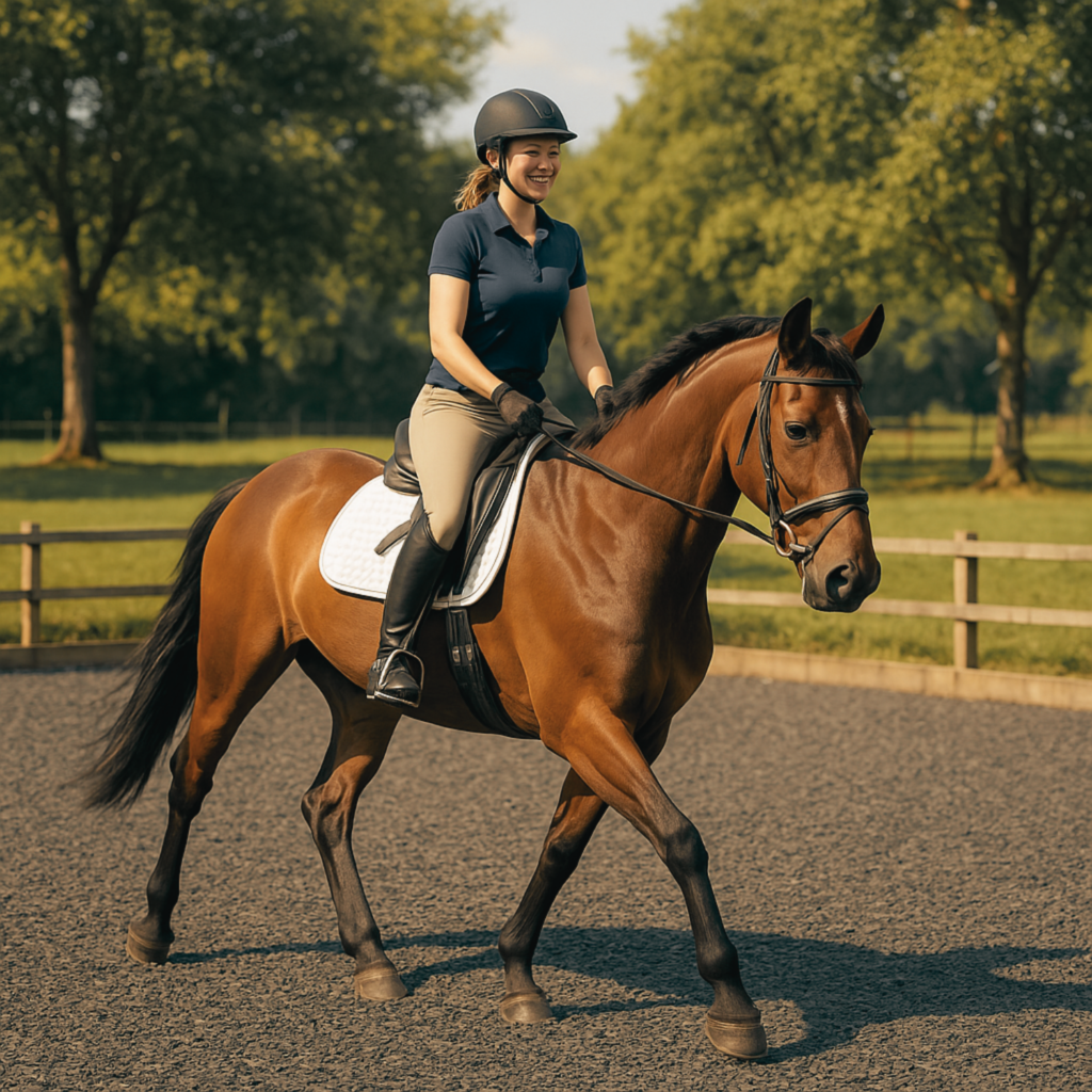 Horse and rider enjoying flatwork on Riding Chip, a low maintenance equestrian surface by Equipro.
