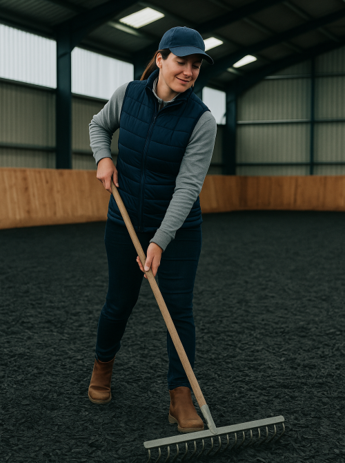 “Woman maintaining Equipro Riding Chip equestrian surface with rake in indoor arena.