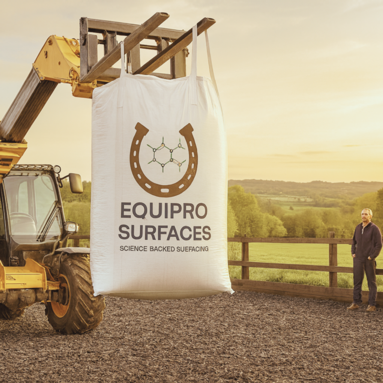 Equipro Surfaces bulk bag lifted by telehandler and moved into riding arena for installation.
